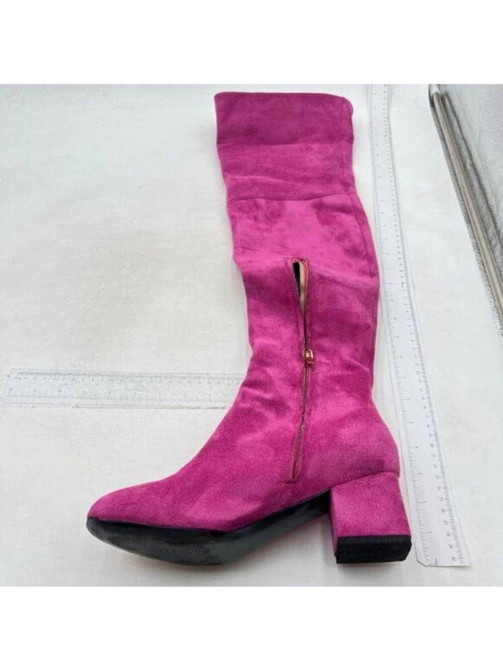 Deep Pink Over The Knee Chunky High Heels Stretch Thigh High Zipper Long Boot